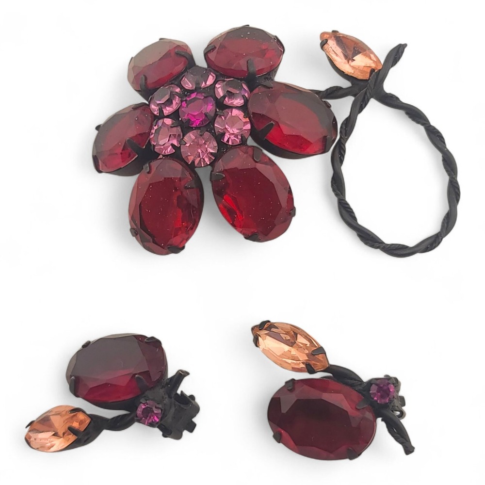 Austria Japanned Cadmium Glass Brooch Earrings Set Red Flower Statement Vintage